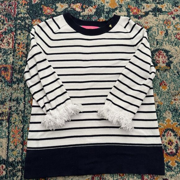 Lilly Pulitzer Dasha Sweater True Navy White Stripe Size Small Fringe Resort - Picture 4 of 9